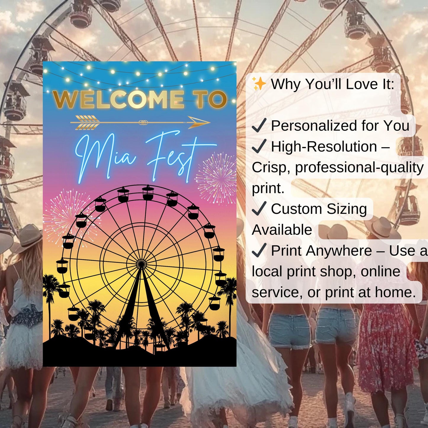 Digital Music Festival Party Sign Ferris Wheel Printable Coachella Welcome Sign
