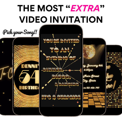Gold Disco Video Invitation - Disco Ball Studio 54 Birthday Invite