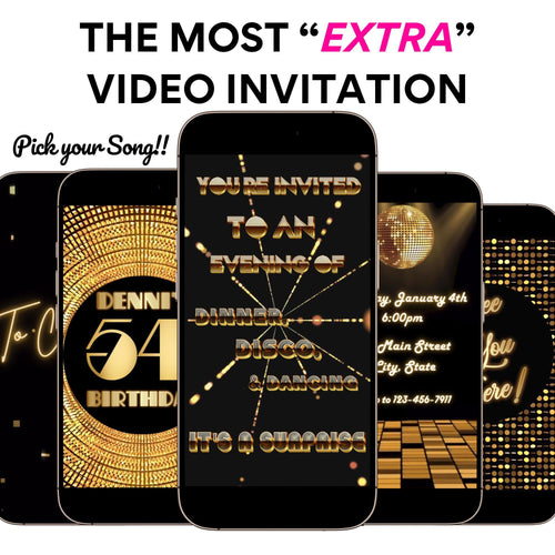 Gold Disco Video Invitation - Disco Ball Studio 54 Birthday Invite
