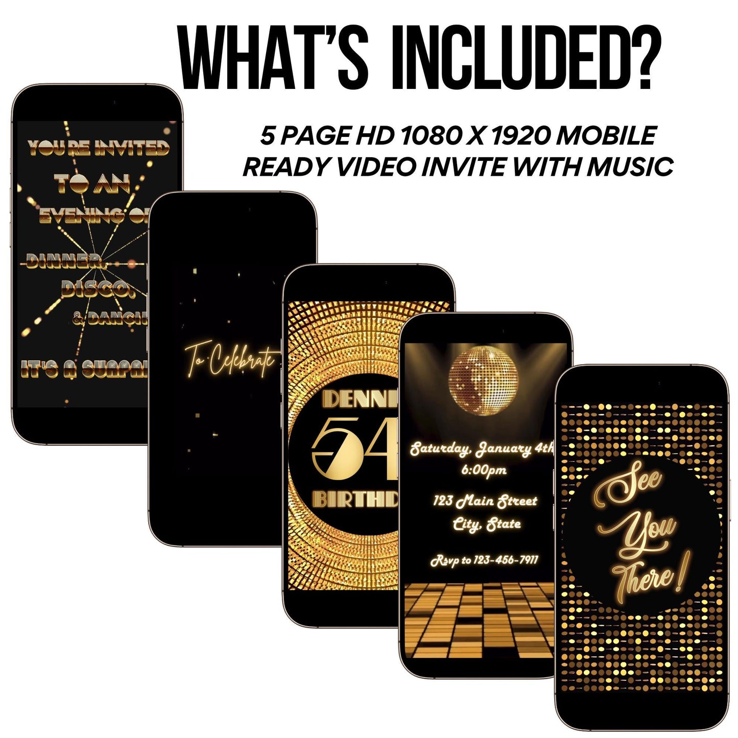 Gold Disco Video Invitation - Disco Ball Studio 54 Birthday Invite