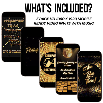 Gold Disco Video Invitation - Disco Ball Studio 54 Birthday Invite