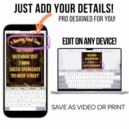 Gatsby Video Invite Roaring 20s party editable evite Prohibition era flapper girl theme art deco animated speakeasy digital invitation Canva