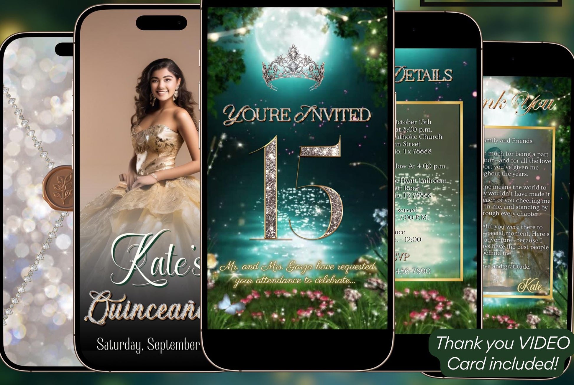 Quinceañera invitation video template designed for mobile phones. Includes animated text, music, and photo customization. Perfect for Sweet 15 or Sweet 16 birthdays. Share instantly via text, WhatsApp, email, or social media. A beautiful, stunning design ideal for modern celebrations. Delivered as MP4 download—no physical item.

