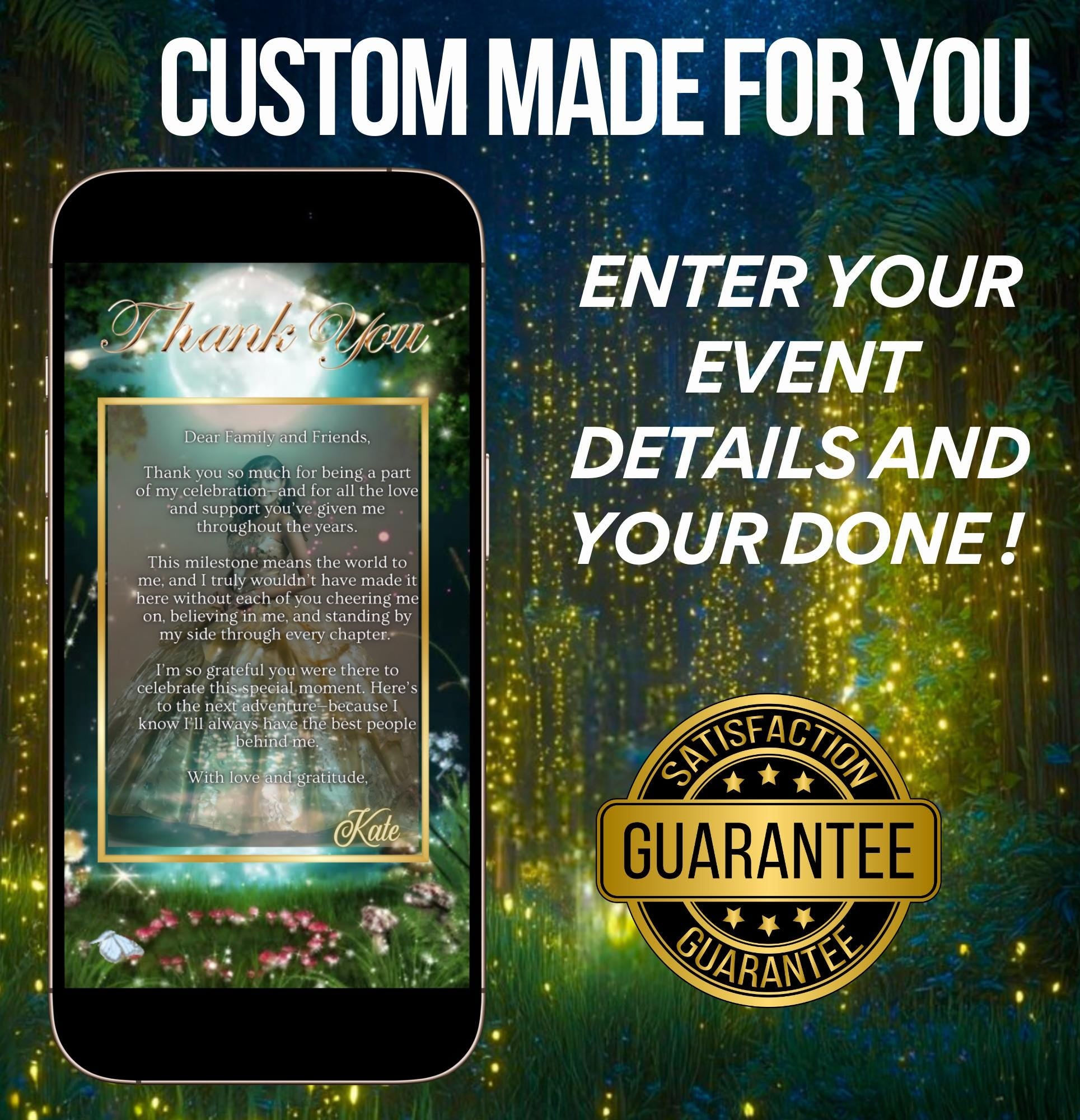 Quinceañera invitation video template designed for mobile phones. Includes animated text, music, and photo customization. Perfect for Sweet 15 or Sweet 16 birthdays. Share instantly via text, WhatsApp, email, or social media. A beautiful, stunning design ideal for modern celebrations. Delivered as MP4 download—no physical item.

