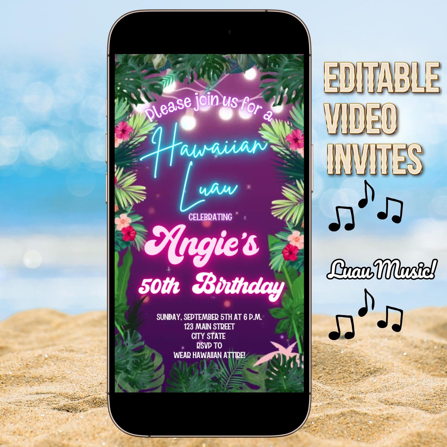 Neon Luau Video Invite | Editable Animated Tropical Hawaiian Summer Evite
