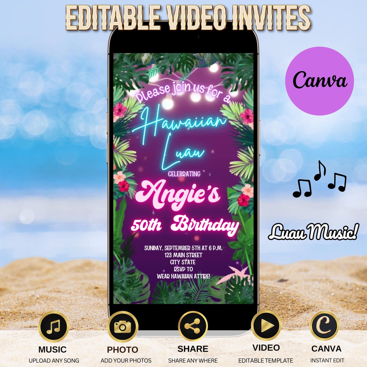 Neon Luau Video Invite | Editable Animated Tropical Hawaiian Summer Evite