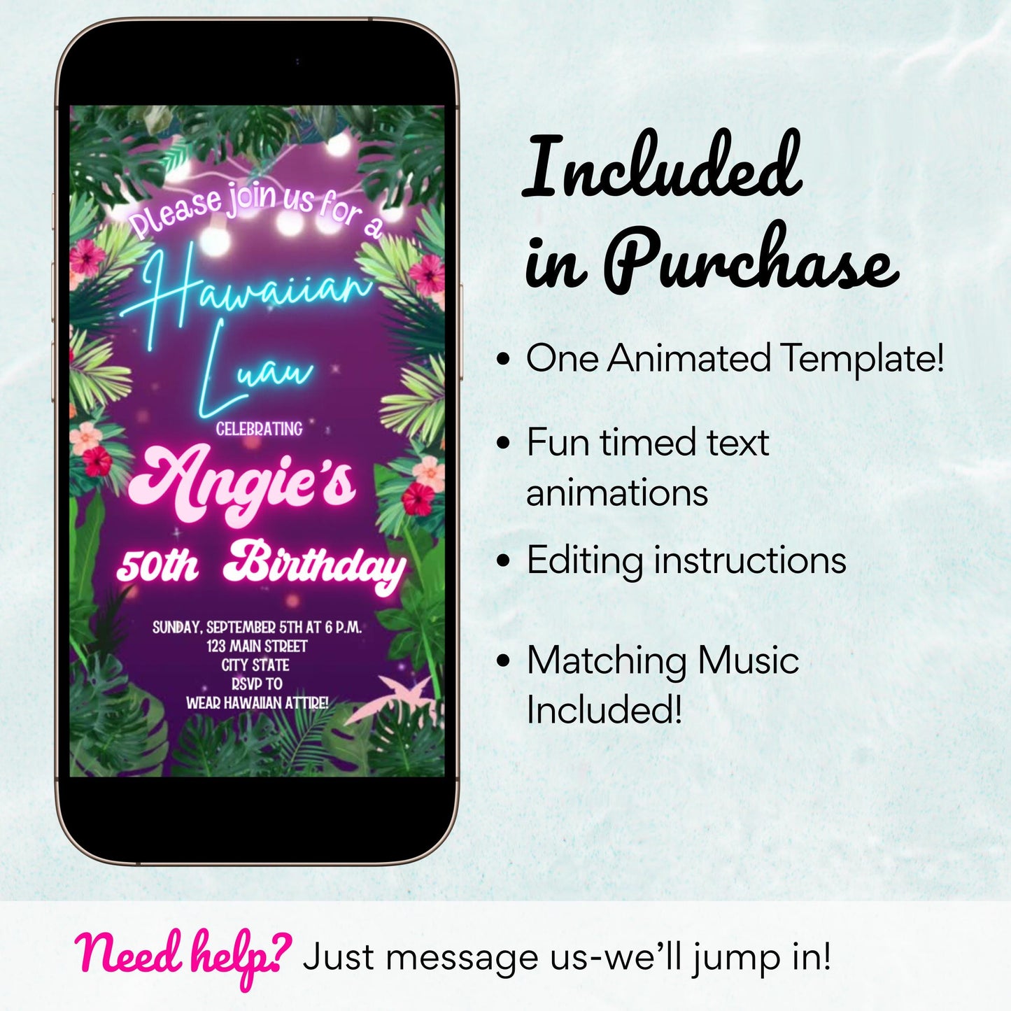 Neon Luau Video Invite | Editable Animated Tropical Hawaiian Summer Evite