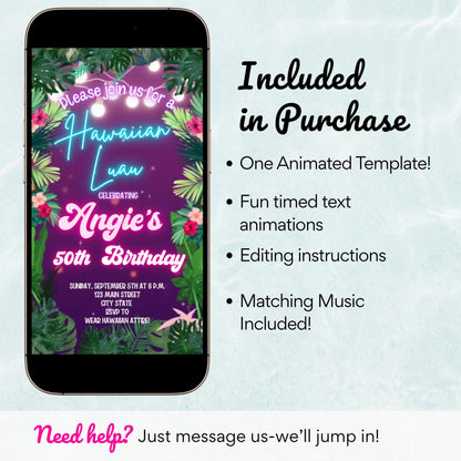 Neon Luau Video Invite | Editable Animated Tropical Hawaiian Summer Evite