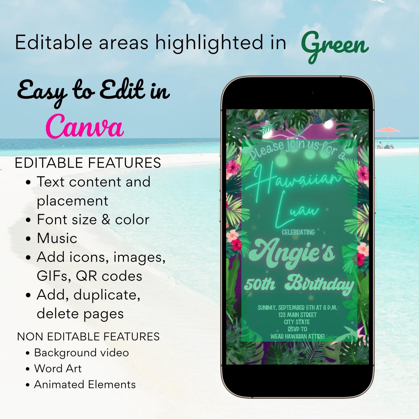 Neon Luau Video Invite | Editable Animated Tropical Hawaiian Summer Evite