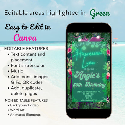Neon Luau Video Invite | Editable Animated Tropical Hawaiian Summer Evite