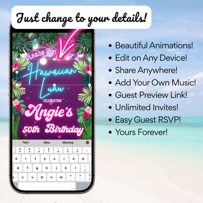 Neon Luau Video Invite | Editable Animated Tropical Hawaiian Summer Evite