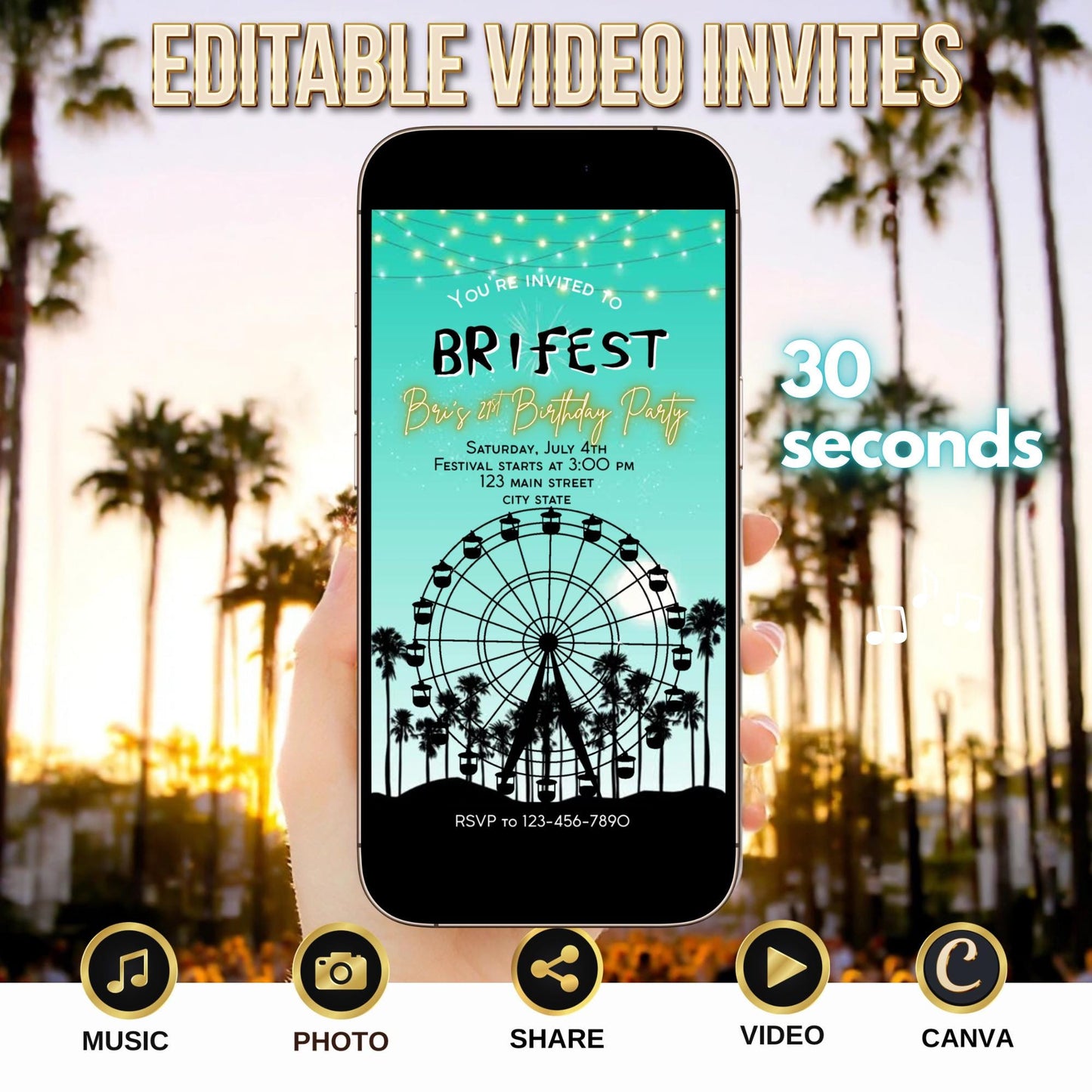 Digital Music Festival Video Invite Coachella Editable Teal Evite Animated Ferris Wheel Mobile Invitation