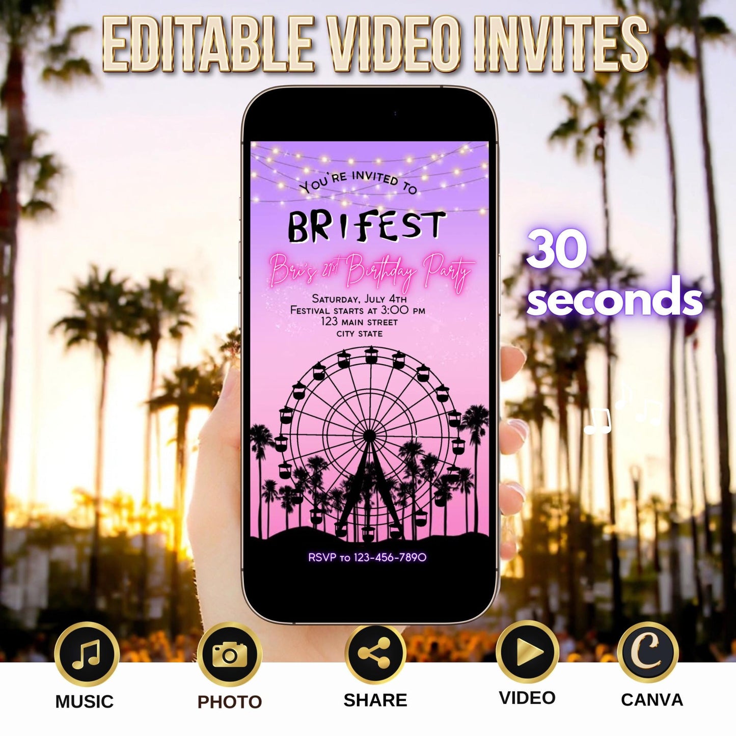 Digital Music Festival Video Invite Coachella Editable Evite Animated Ferris Wheel Mobile Invitation