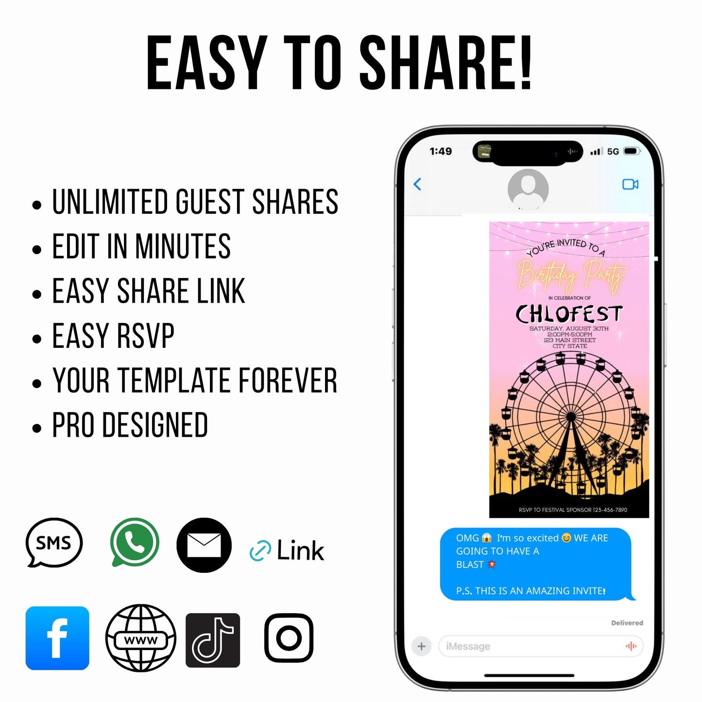 Digital Music Festival Video Invite Coachella Editable Evite Animated Ferris Wheel Mobile Invitation
