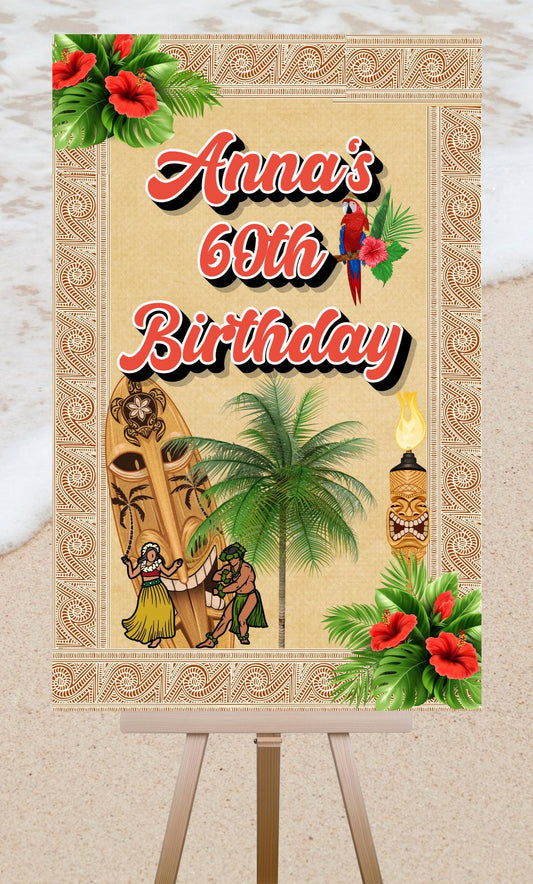 Aloha Welcome Sign - Hawaiian Luau Party Signage - Tropical Tiki Poster Printable Decor