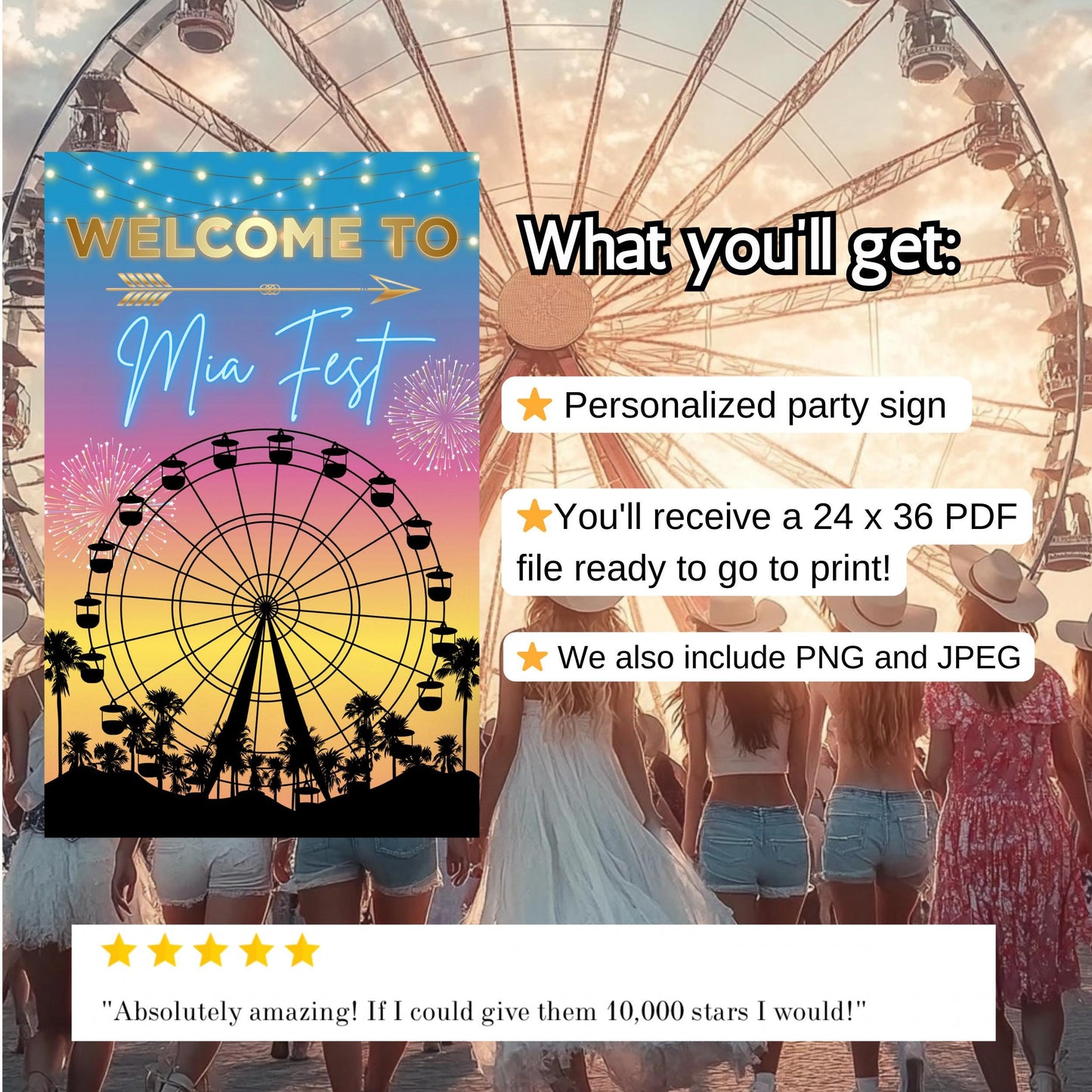 Digital Music Festival Party Sign Ferris Wheel Printable Coachella Welcome Sign