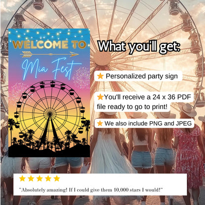 Digital Music Festival Party Sign Ferris Wheel Printable Coachella Welcome Sign