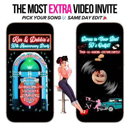 Rockabilly Video Invitation - Personalized 1950s Invitation - Animated Jukebox Rock n Roll