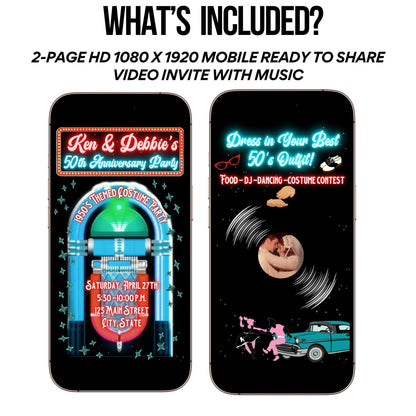 Rockabilly Video Invitation - Personalized 1950s Invitation - Animated Jukebox Rock n Roll