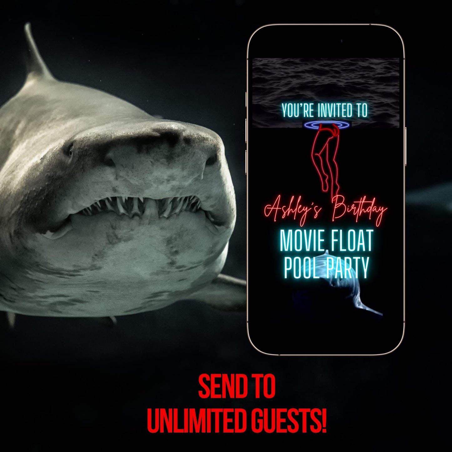 Jaws Video Invite - Animated Shark Pool Evite Canva MP4 Digital Invite