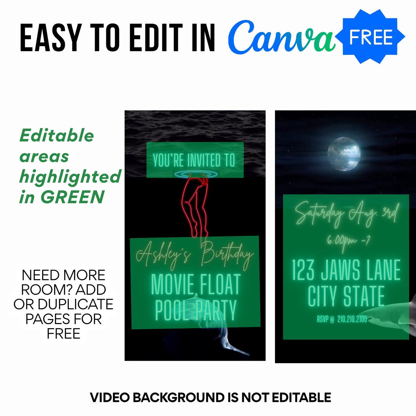 Jaws Video Invite - Animated Shark Pool Evite Canva MP4 Digital Invite