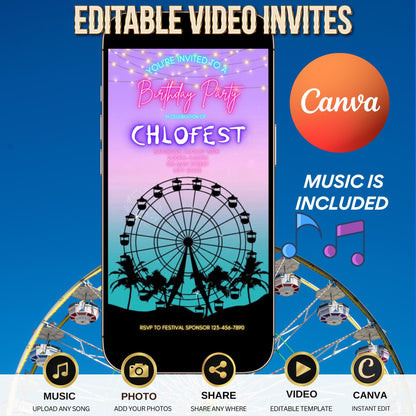 Music Festival Video Invite - Coachella Editable Evite - Animated Ferris Wheel
