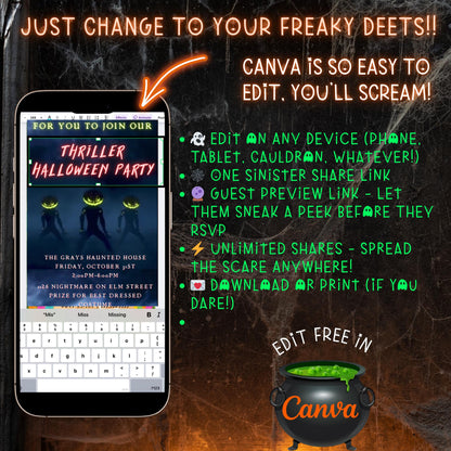 Halloween Video Invitation, Thriller Animated Invite, Editable Halloween Party Mobile Evite