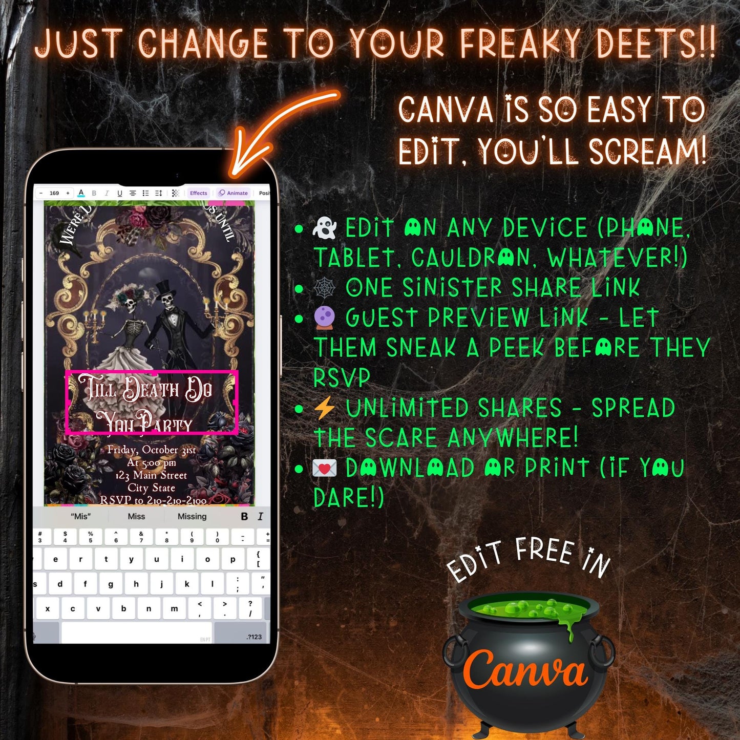 Halloween Video Invitation, Halloween Wedding Animated Invite, Editable Halloween Party Mobile Evite