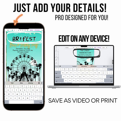 Digital Music Festival Video Invite Coachella Editable Teal Evite Animated Ferris Wheel Mobile Invitation