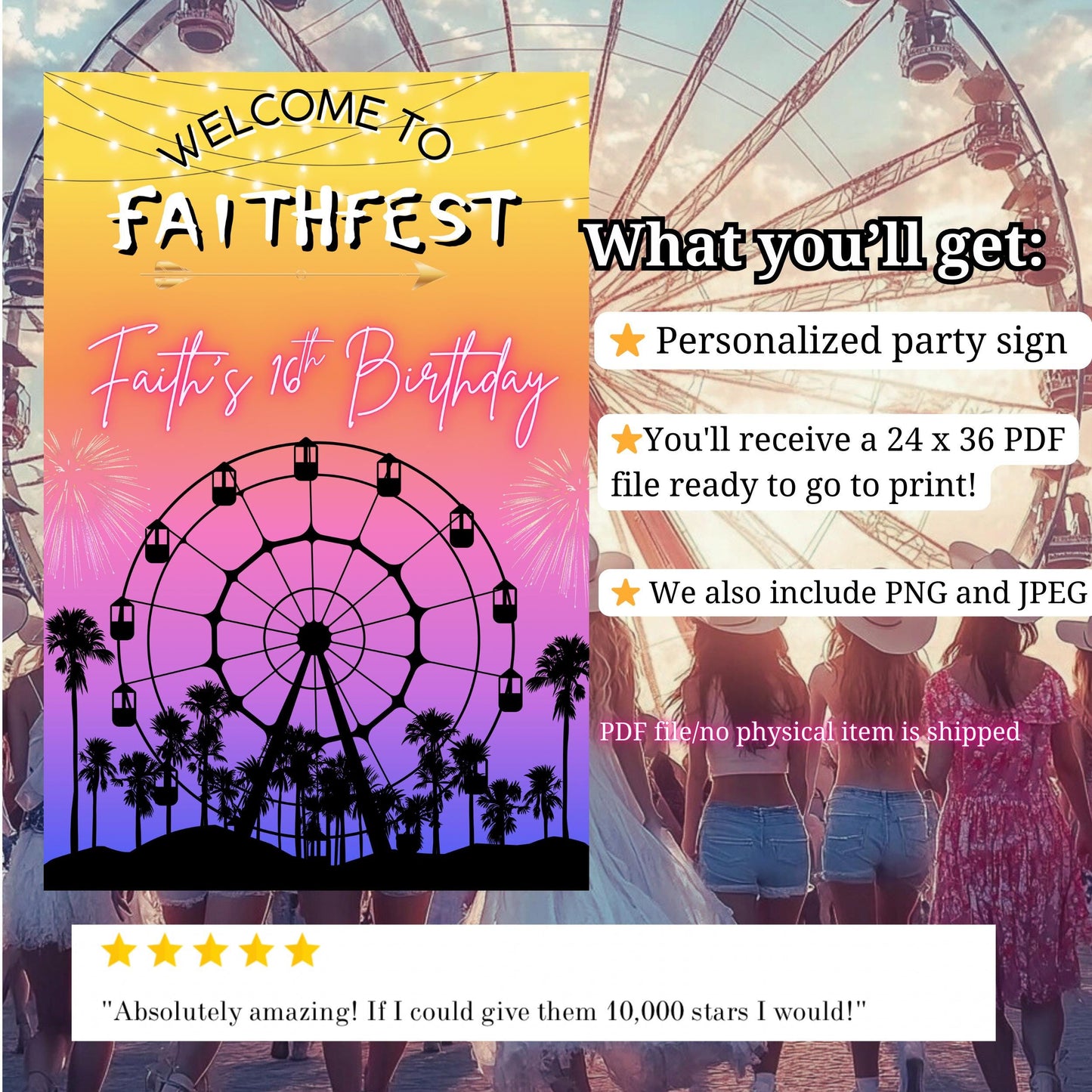 Digital Music Festival Party Sign Ferris Wheel Printable Coachella Welcome Sign