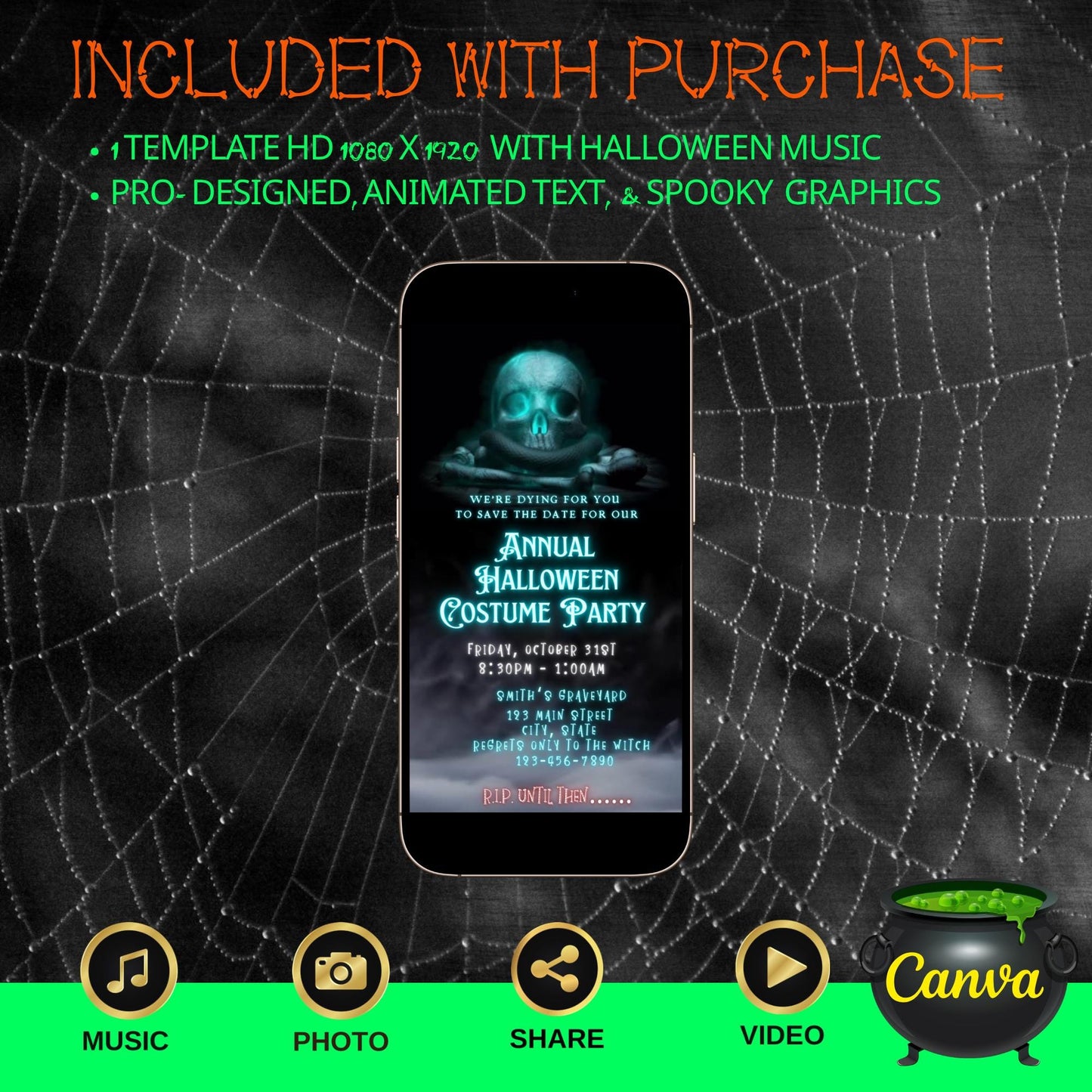 Halloween Video Invitation, Skull and Snake Animated Invite, Editable Halloween Party Mobile Evite