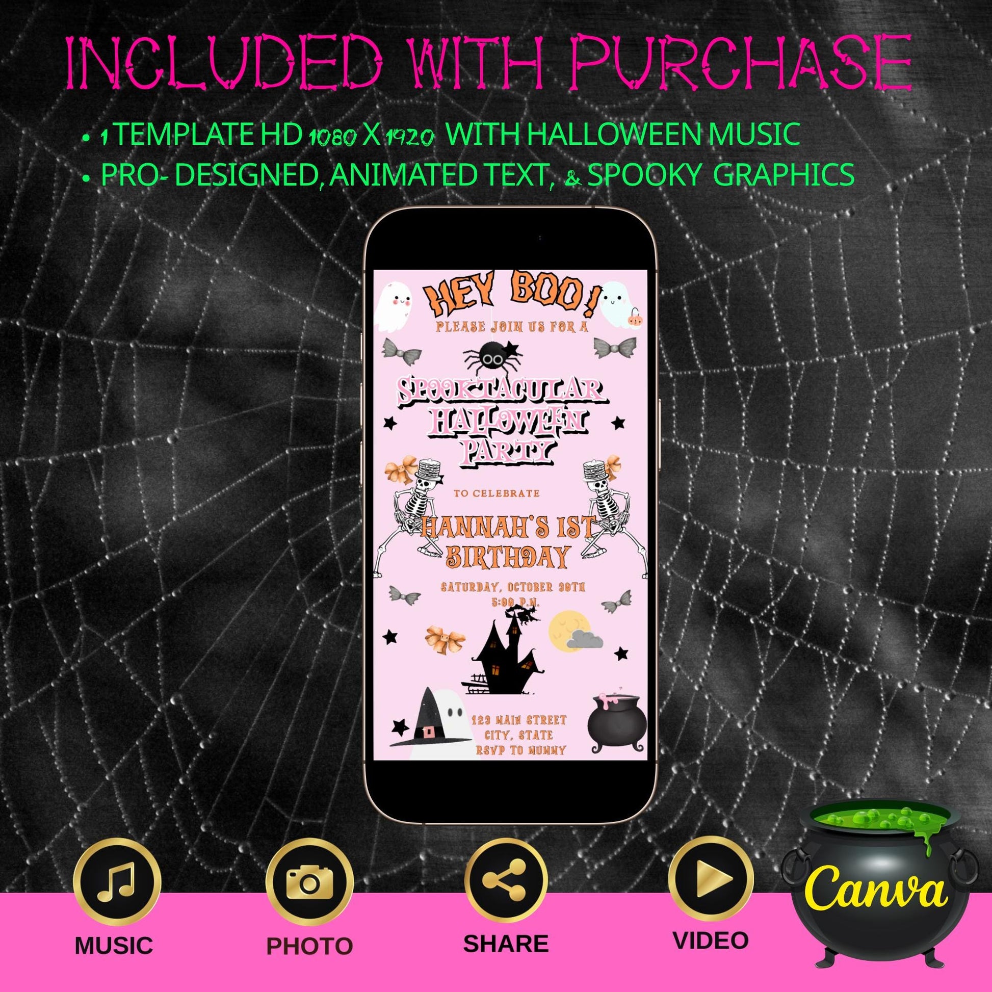 Editable Halloween video invitation with animated theme, customizable in Canva. Perfect for party invites.