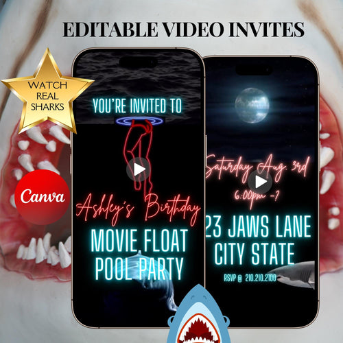 Jaws Video Invite - Animated Shark Pool Evite Canva MP4 Digital Invite