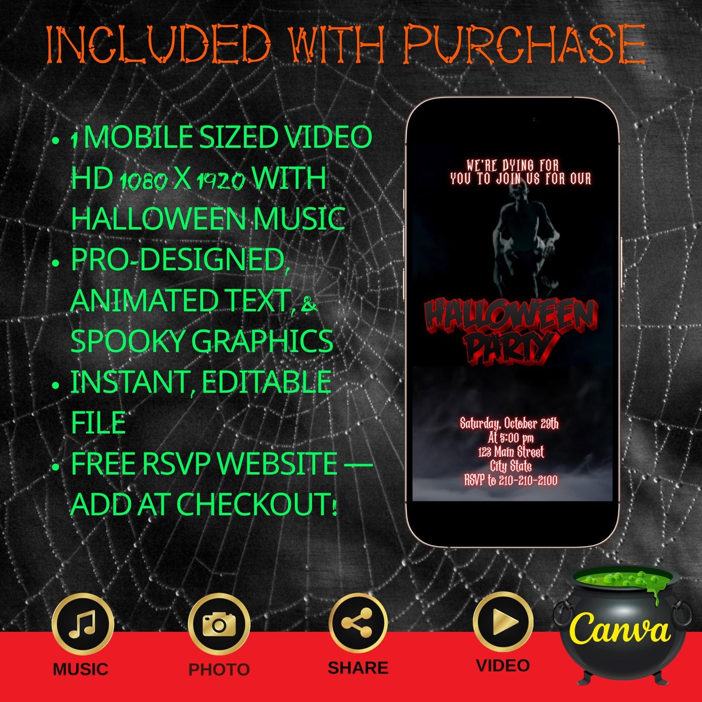 Halloween Video Invitation, Zombie Animated Invite, Editable Halloween Party Mobile Evite
