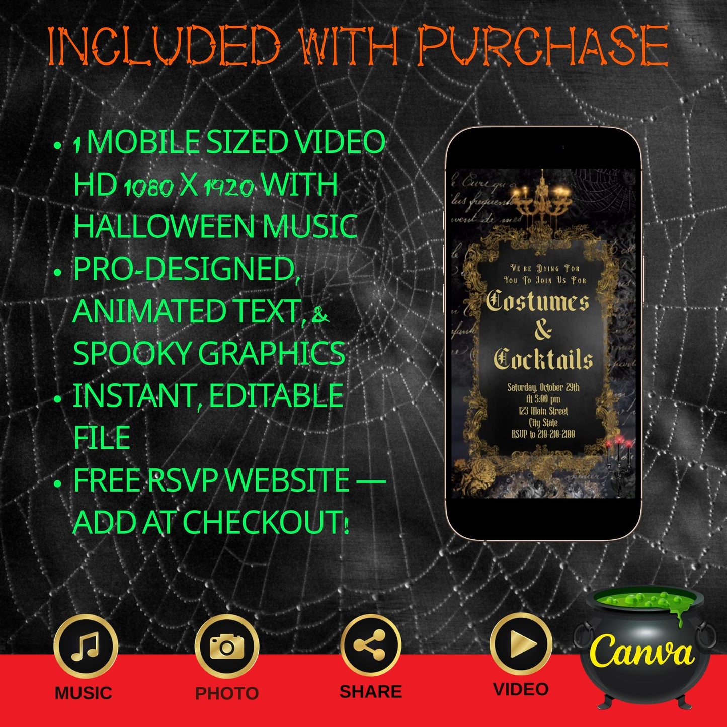 Halloween Video Invitation, Cocktails and CostumesAnimated Invite, Editable Halloween Party Mobile Evite