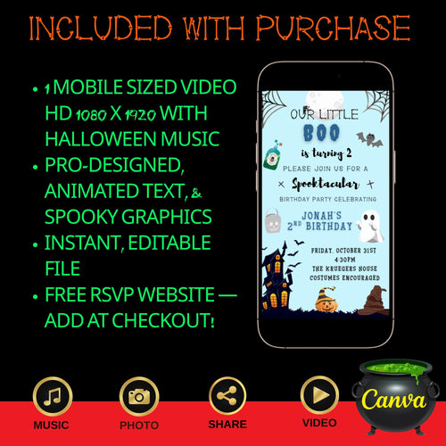 Editable Halloween video invitation with animated theme, customizable in Canva. Perfect for party invites.