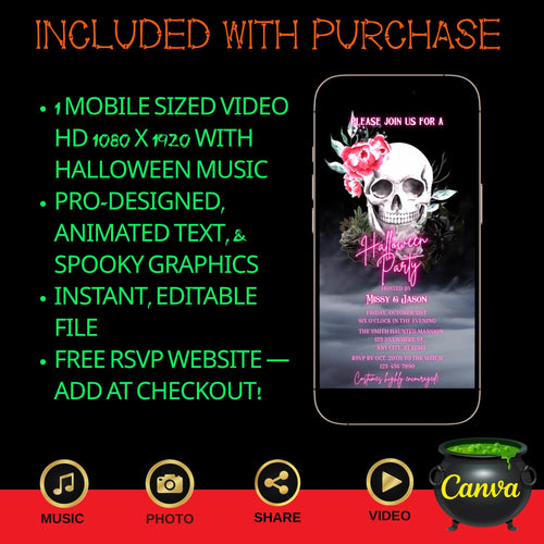 Editable Halloween video invitation with animated theme, customizable in Canva. Perfect for party invites.