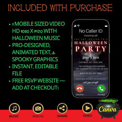 Editable Halloween video invitation with animated theme, customizable in Canva. Perfect for party invites.