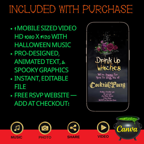 Editable Halloween video invitation with animated theme, customizable in Canva. Perfect for party invites.