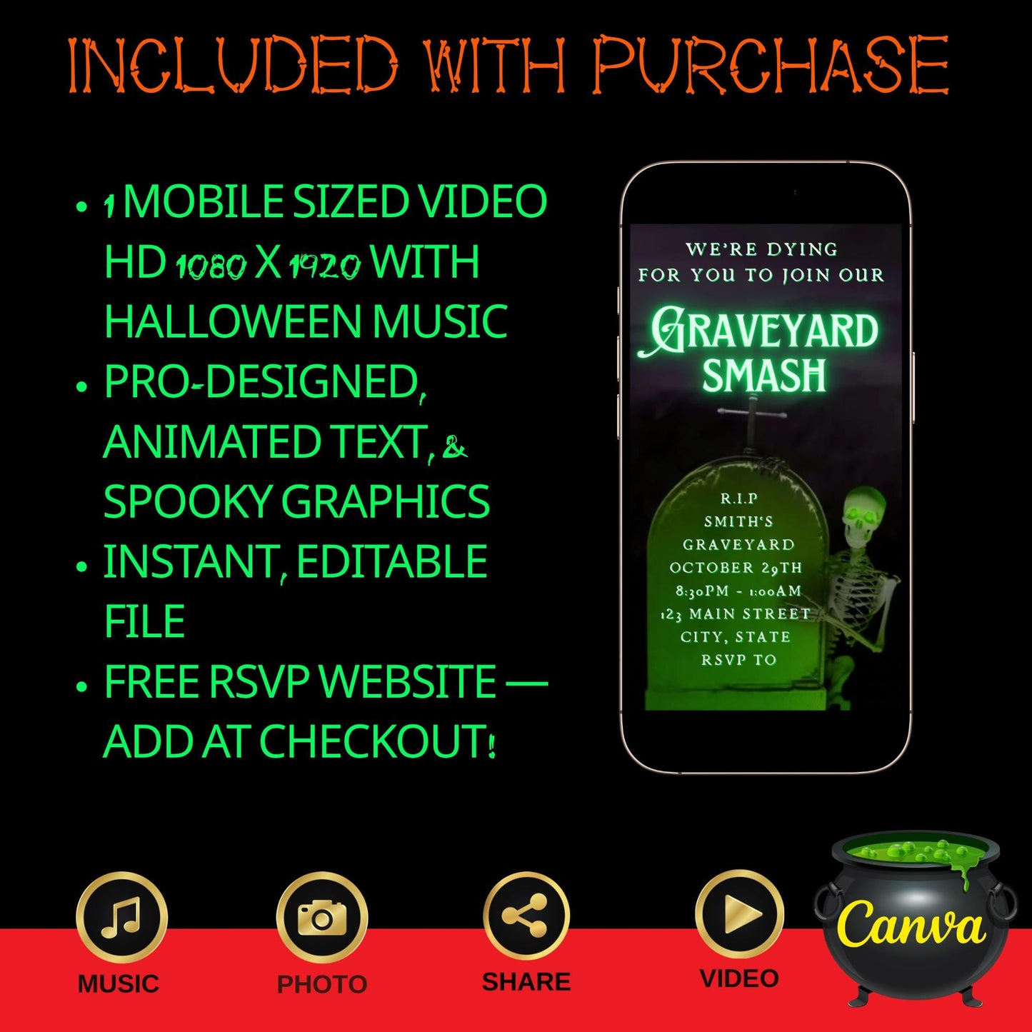 Halloween Video Invitation, Graveyard Smash Animated Invite, Editable Halloween Party Mobile Evite