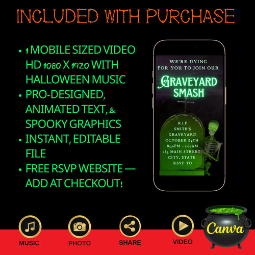 Editable Halloween video invitation with animated theme, customizable in Canva. Perfect for party invites.