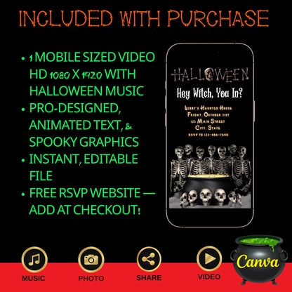 Editable Halloween video invitation with animated theme, customizable in Canva. Perfect for party invites.