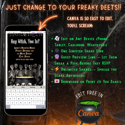 Editable Halloween video invitation with animated theme, customizable in Canva. Perfect for party invites.