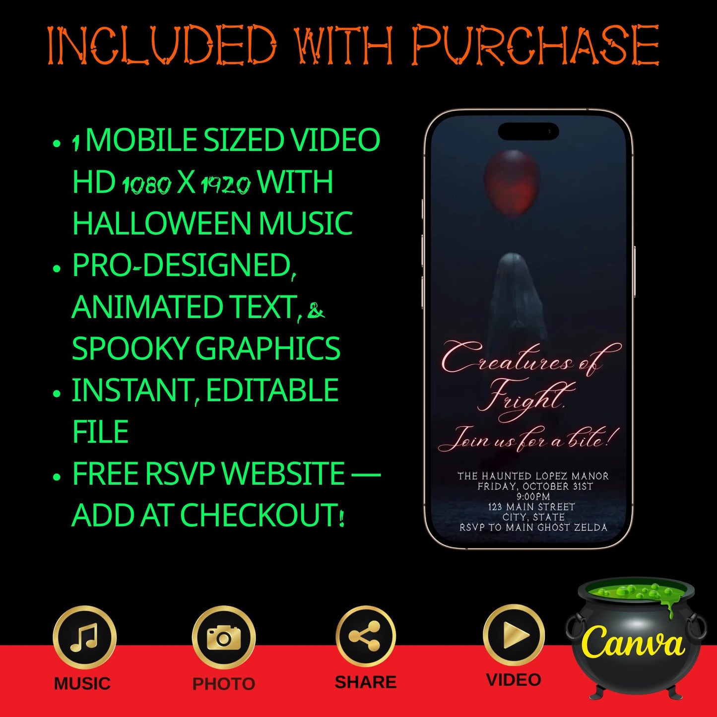 Halloween Video Invitation, Red Balloon It Animated Invite, Editable Halloween Party Mobile Evite