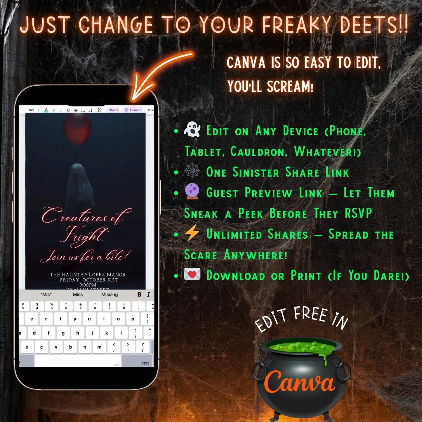 Halloween Video Invitation, Red Balloon It Animated Invite, Editable Halloween Party Mobile Evite