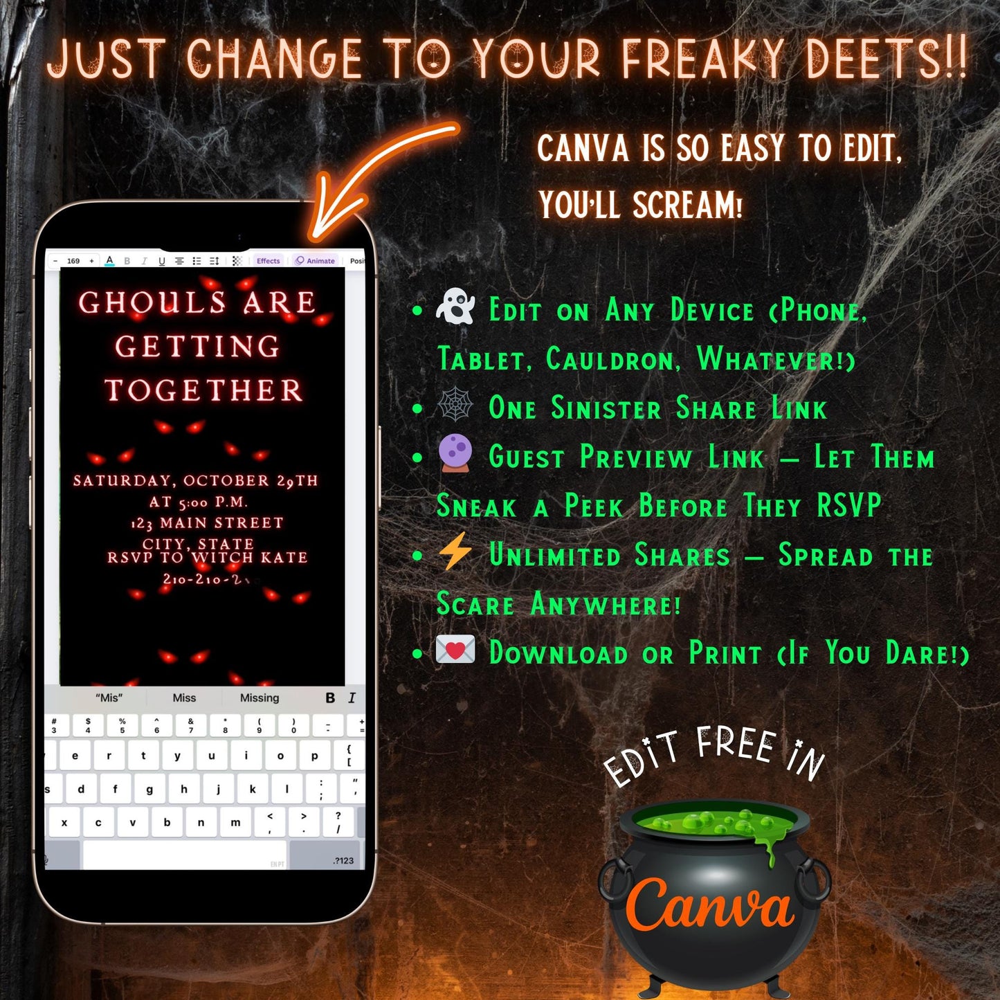 Halloween Video Invitation, Evil Eyes Animated Invite, Editable Halloween Party Mobile Evite