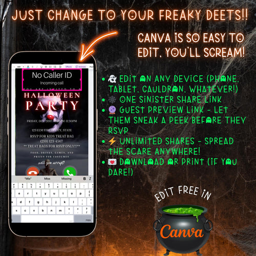 Editable Halloween video invitation with animated theme, customizable in Canva. Perfect for party invites.