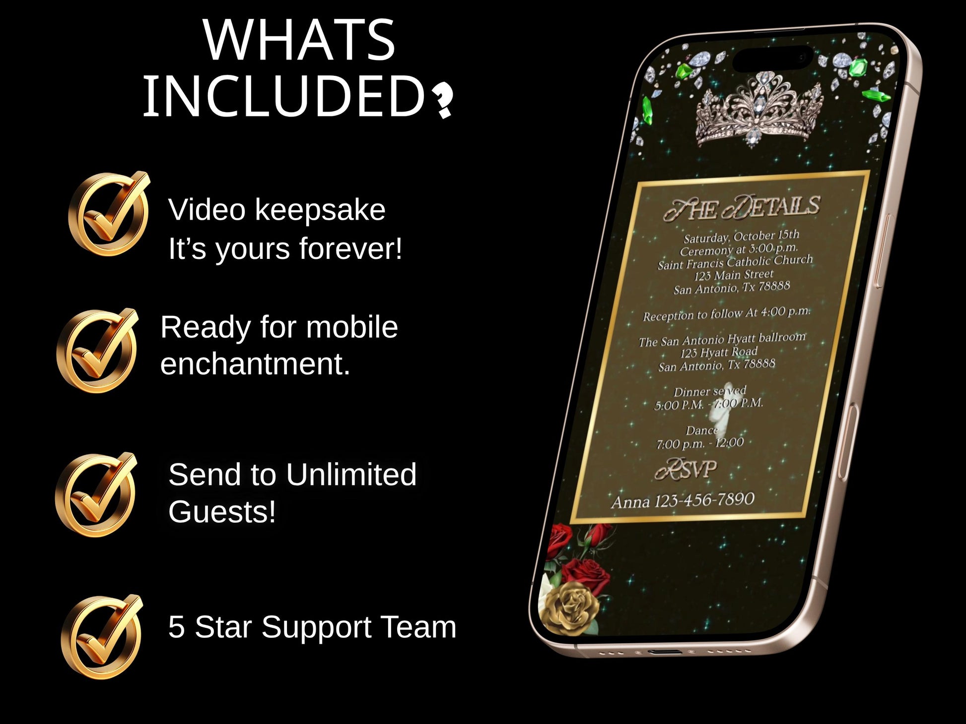 Editable Quinceañera invitation video template designed for mobile phones. Includes animated text, music, and photo customization. Perfect for Sweet 15 or Sweet 16 birthdays. Share instantly via text, WhatsApp, email, or social media. A beautiful, stunning design ideal for modern celebrations. Delivered as MP4 download—no physical item.