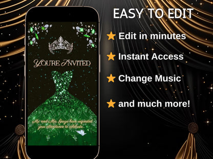 Editable Quinceañera invitation video template designed for mobile phones. Includes animated text, music, and photo customization. Perfect for Sweet 15 or Sweet 16 birthdays. Share instantly via text, WhatsApp, email, or social media. A beautiful, stunning design ideal for modern celebrations. Delivered as MP4 download—no physical item.