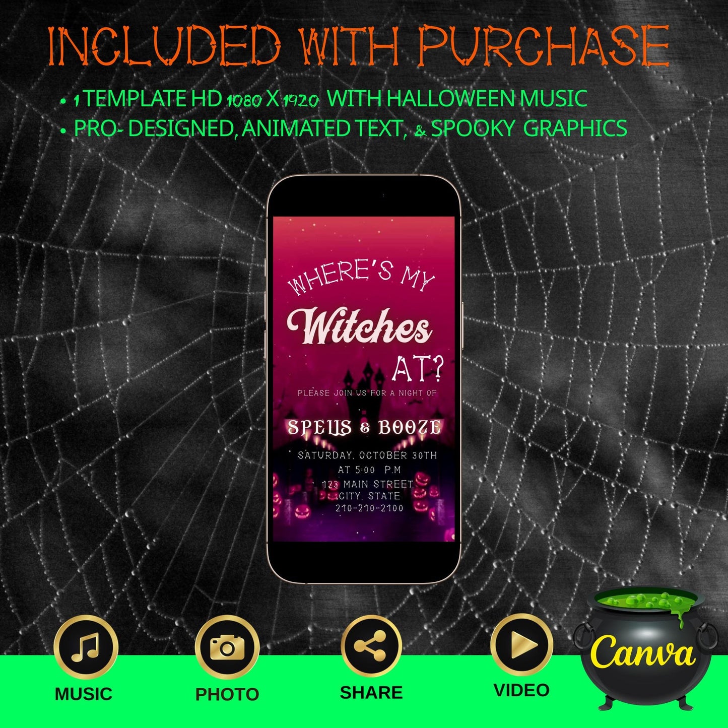 Halloween Video Invitation, Where's my Witches Animated Invite, Editable Halloween Party Mobile Evite